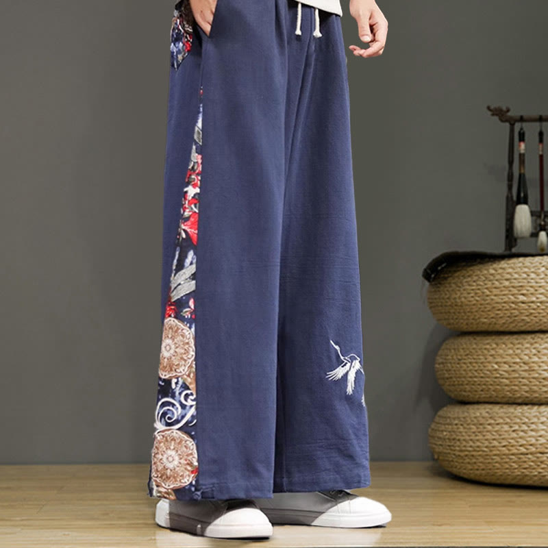 Buddha Stones Crane Embroidery Drawstring Men's Cotton Linen Wide Leg Pants With Pockets