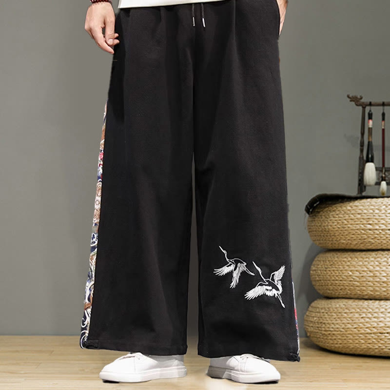 Buddha Stones Crane Embroidery Drawstring Men's Cotton Linen Wide Leg Pants With Pockets
