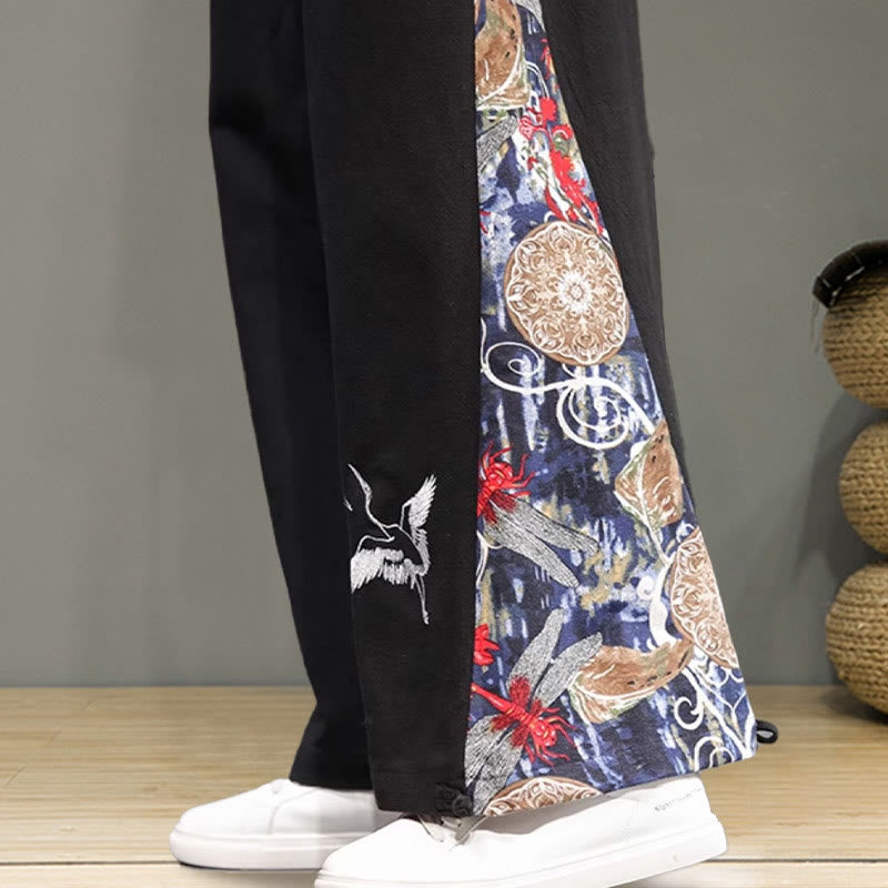 Buddha Stones Crane Embroidery Drawstring Men's Cotton Linen Wide Leg Pants With Pockets