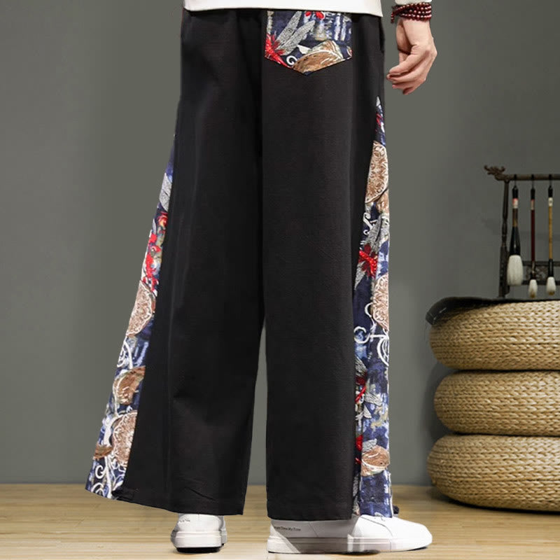 Buddha Stones Crane Embroidery Drawstring Men's Cotton Linen Wide Leg Pants With Pockets