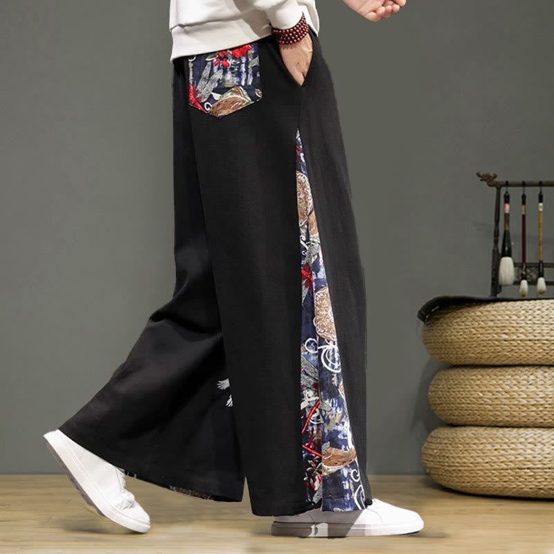 Buddha Stones Crane Embroidery Drawstring Men's Cotton Linen Wide Leg Pants With Pockets