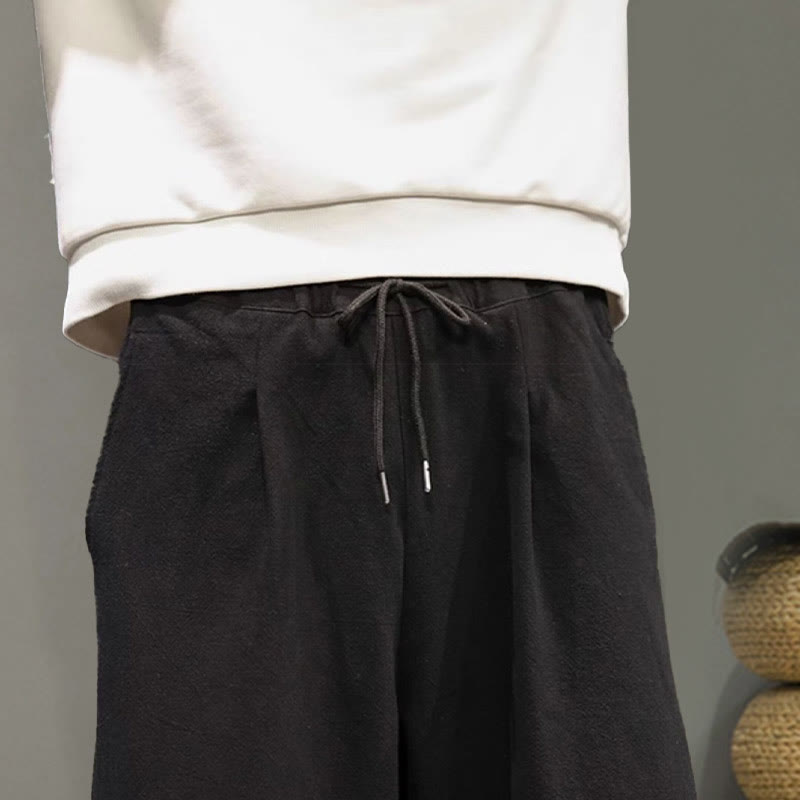 Buddha Stones Crane Embroidery Drawstring Men's Cotton Linen Wide Leg Pants With Pockets