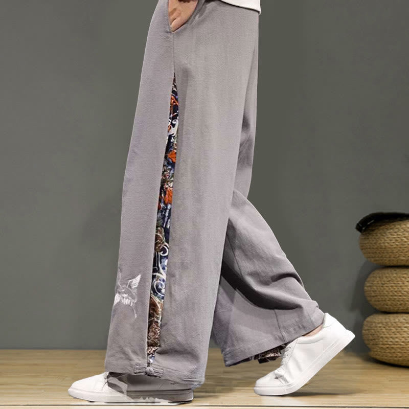 Buddha Stones Crane Embroidery Drawstring Men's Cotton Linen Wide Leg Pants With Pockets
