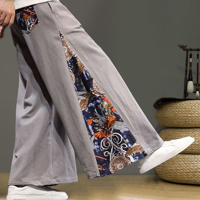 Buddha Stones Crane Embroidery Drawstring Men's Cotton Linen Wide Leg Pants With Pockets