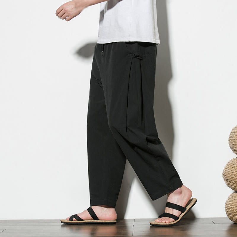 Buddha Stones Summer Side Frog-Button Design Men's Cotton Linen Pants With Pockets