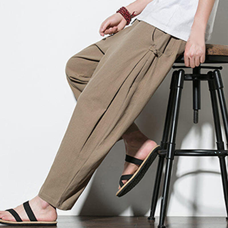 Buddha Stones Summer Side Frog-Button Design Men's Cotton Linen Pants With Pockets