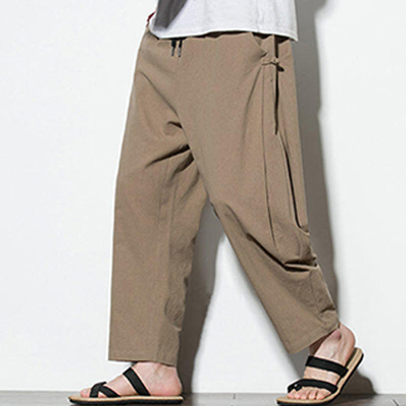 Buddha Stones Summer Side Frog-Button Design Men's Cotton Linen Pants With Pockets