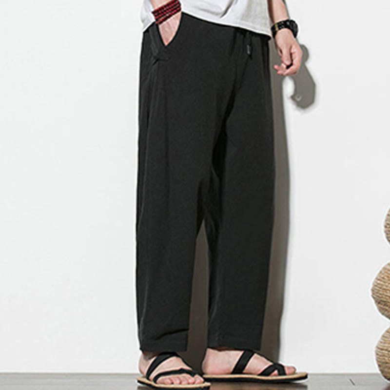 Buddha Stones Summer Side Frog-Button Design Men's Cotton Linen Pants With Pockets