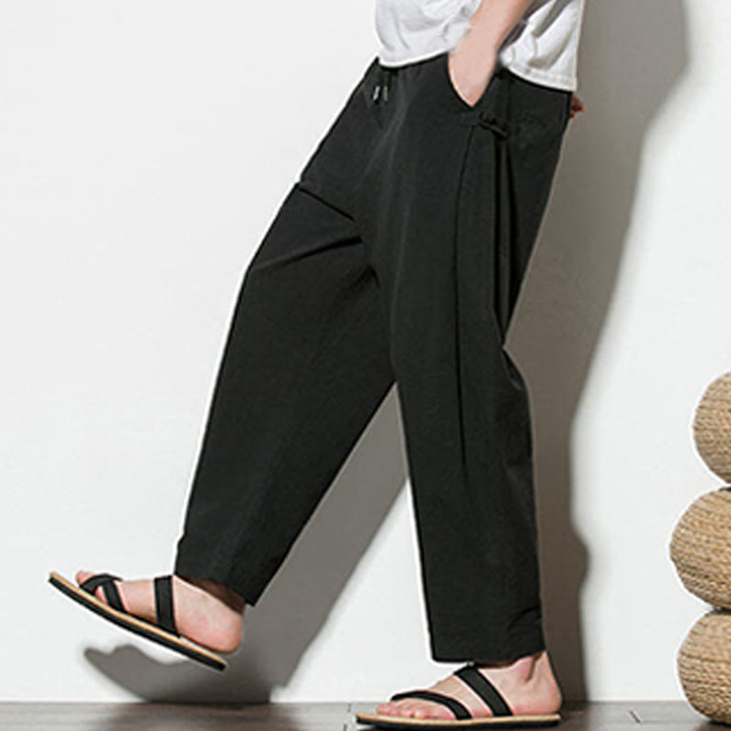 Buddha Stones Summer Side Frog-Button Design Men's Cotton Linen Pants With Pockets