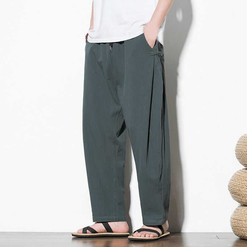 Buddha Stones Summer Side Frog-Button Design Men's Cotton Linen Pants With Pockets