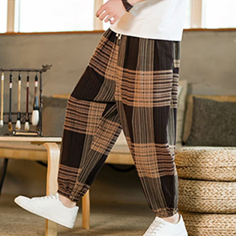 Buddha Stones Summer Checkered Stripes Cotton Linen Men's Harem Pants With Pockets