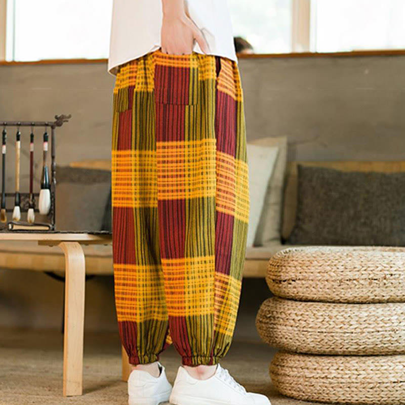 Buddha Stones Summer Checkered Stripes Cotton Linen Men's Harem Pants With Pockets