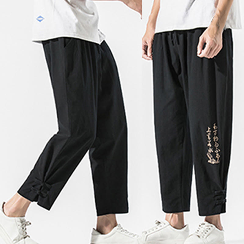 Buddha Stones Summer Chinese Characters Embroidery Men's Cotton Linen Pants With Pockets
