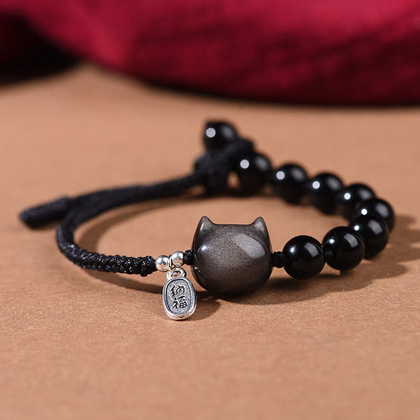 Buddha Stones Black Obsidian Silver Sheen Obsidian Cute Cat Dancing Lion Strength Bracelet