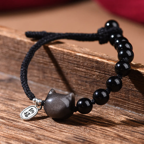 Buddha Stones Black Obsidian Silver Sheen Obsidian Cute Cat Dancing Lion Strength Bracelet