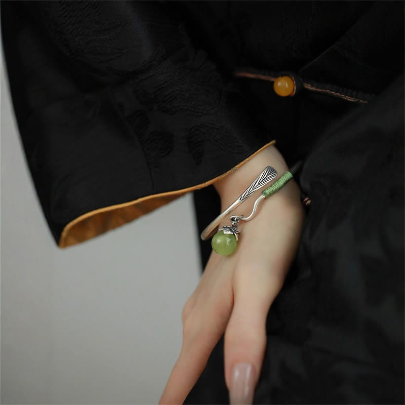 Buddha Stones Copper Alloy Green Bead Charm Luck Cuff Bracelet Bangle