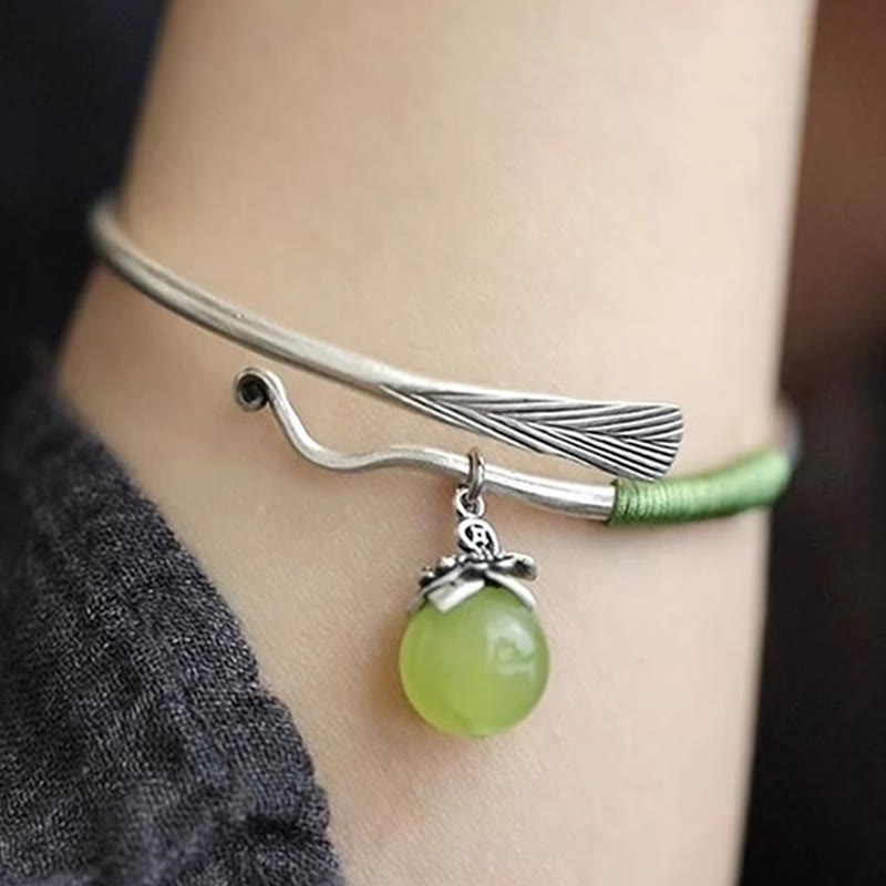Buddha Stones Copper Alloy Green Bead Charm Luck Cuff Bracelet Bangle