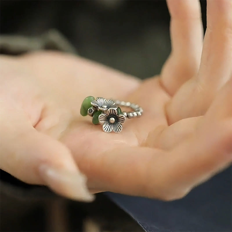 Buddha Stones Flower Pattern Copper Alloy Luck Elastic Rope Ring