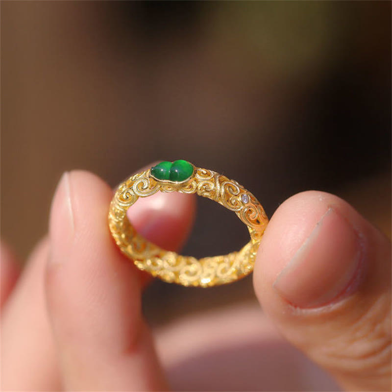 Buddha Stones Vintage Gourd Green Chalcedony Copper Alloy Wealth Ring