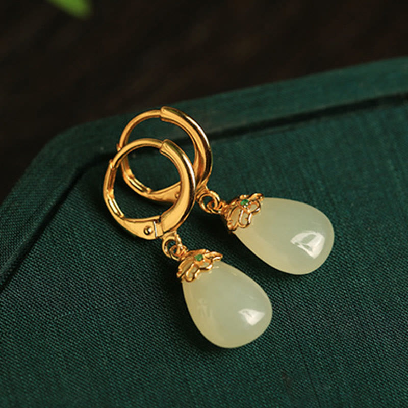 Buddha Stones Green Chalcedony Water Drop Strength Copper Posts Earrings