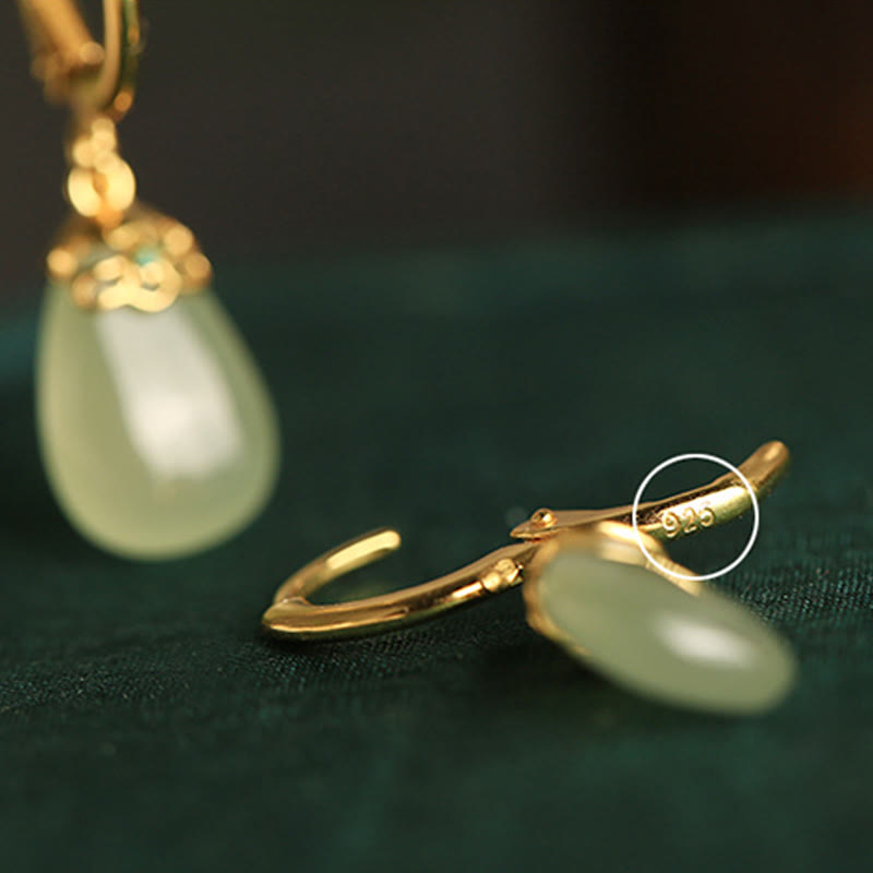 Buddha Stones Green Chalcedony Water Drop Strength Copper Posts Earrings