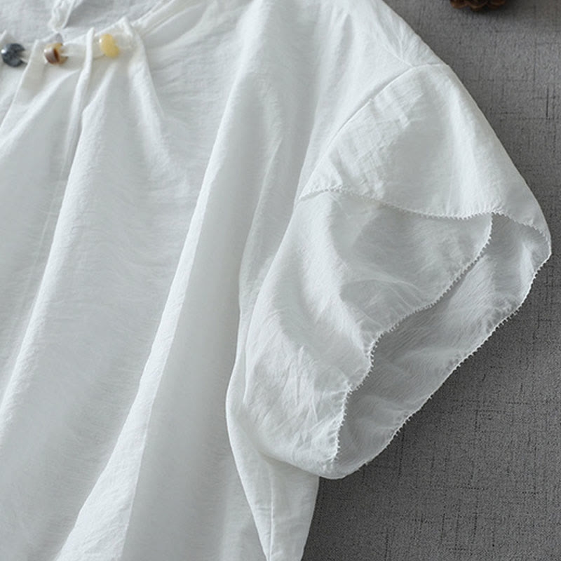 Buddha Stones Beads Crew Neck Design Cotton Short Sleeve Women's Shirt