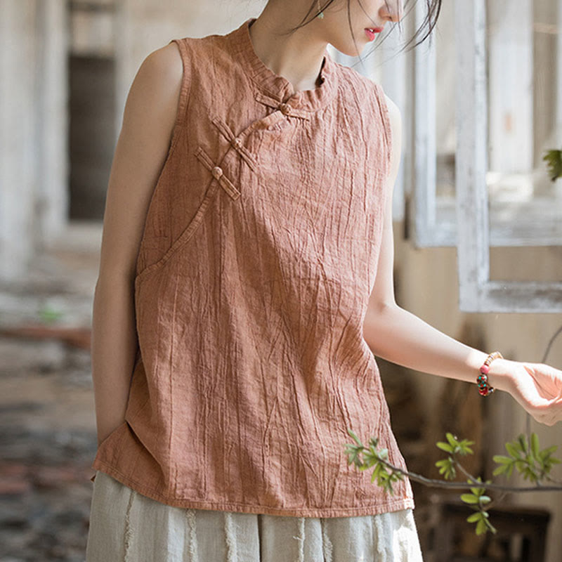 Buddha Stones Summer Tie-dye Frog-Button Ramie Cotton Sleeveless Women's Vest