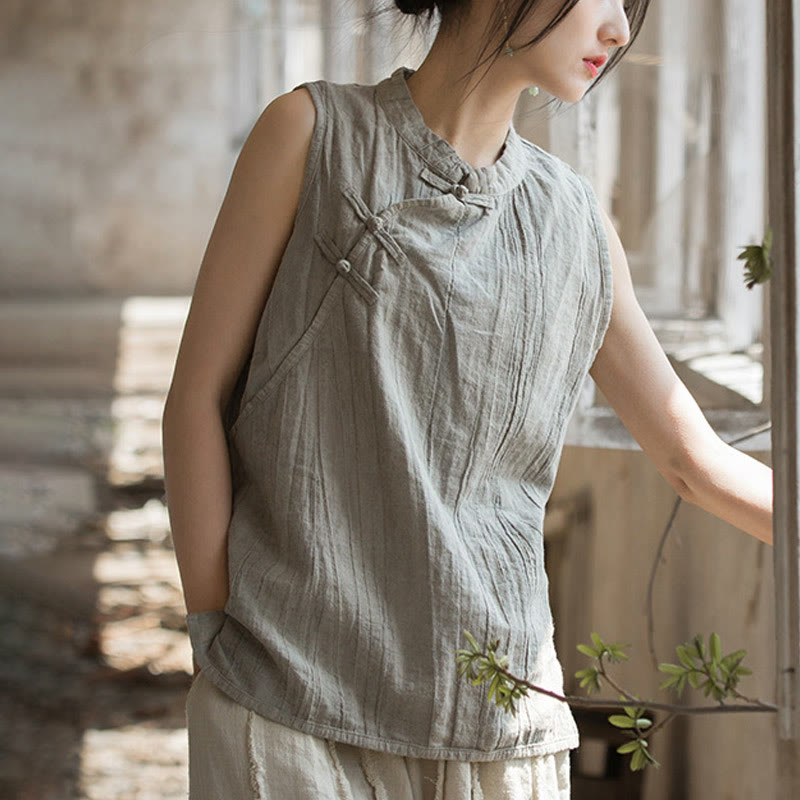 Buddha Stones Summer Tie-dye Frog-Button Ramie Cotton Sleeveless Women's Vest