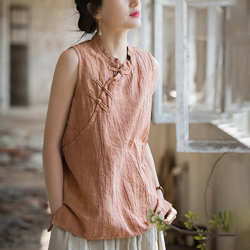 Buddha Stones Summer Tie-dye Frog-Button Ramie Cotton Sleeveless Women's Vest