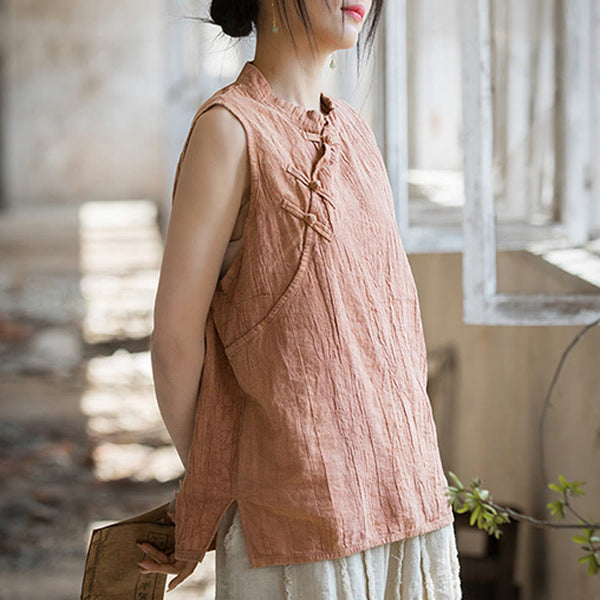 Buddha Stones Summer Tie-dye Frog-Button Ramie Cotton Sleeveless Women's Vest