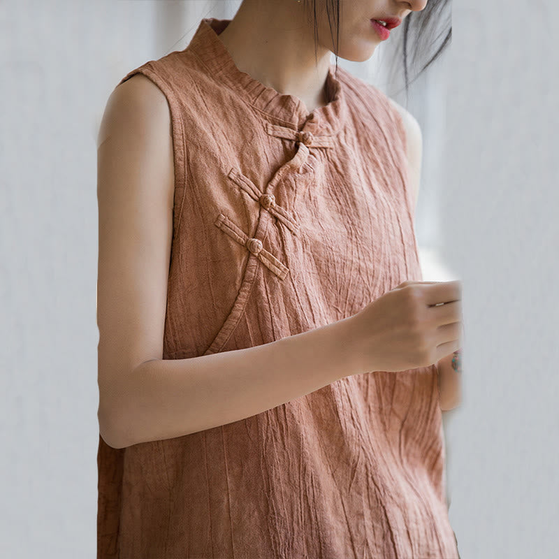 Buddha Stones Summer Tie-dye Frog-Button Ramie Cotton Sleeveless Women's Vest