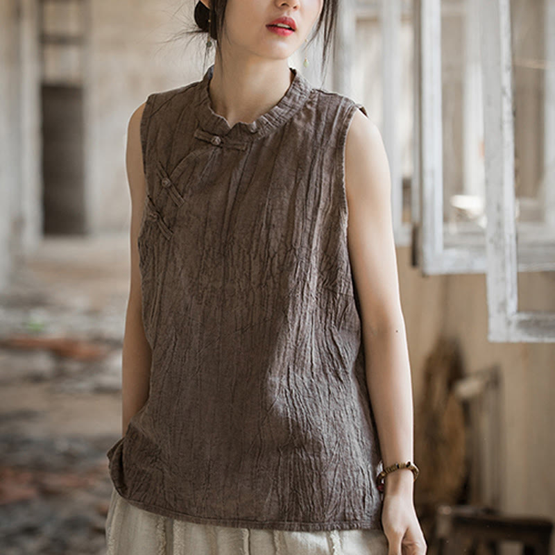 Buddha Stones Summer Tie-dye Frog-Button Ramie Cotton Sleeveless Women's Vest