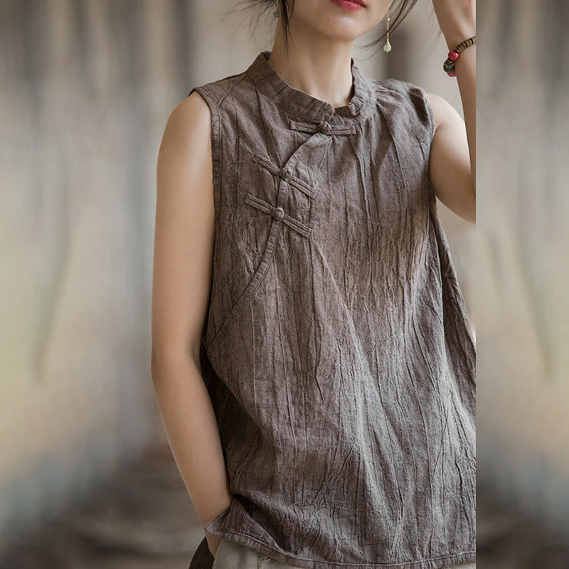 Buddha Stones Summer Tie-dye Frog-Button Ramie Cotton Sleeveless Women's Vest