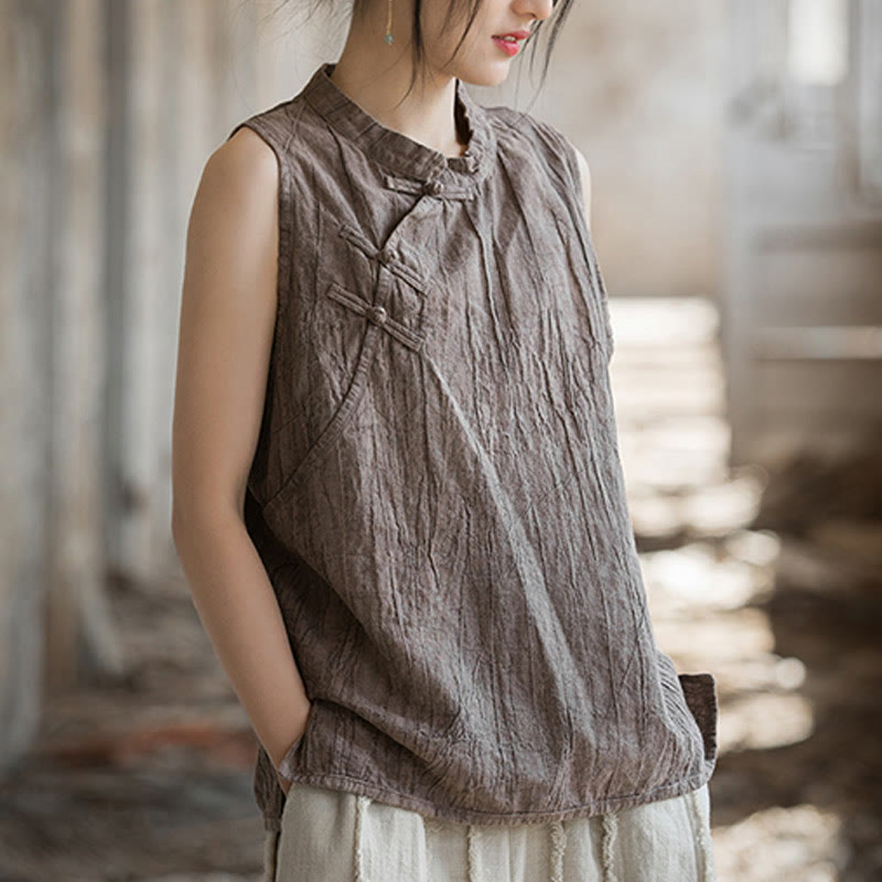 Buddha Stones Summer Tie-dye Frog-Button Ramie Cotton Sleeveless Women's Vest