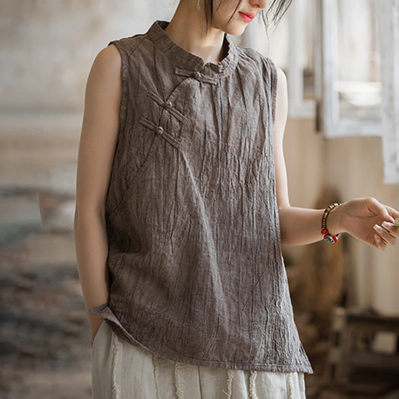 Buddha Stones Summer Tie-dye Frog-Button Ramie Cotton Sleeveless Women's Vest