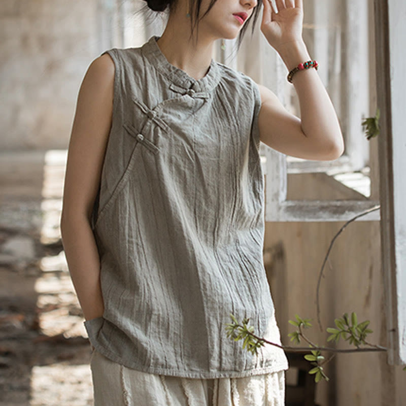 Buddha Stones Summer Tie-dye Frog-Button Ramie Cotton Sleeveless Women's Vest