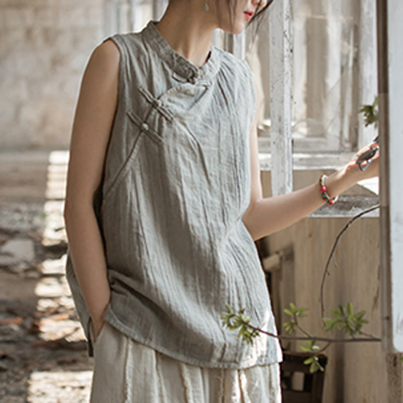 Buddha Stones Summer Tie-dye Frog-Button Ramie Cotton Sleeveless Women's Vest