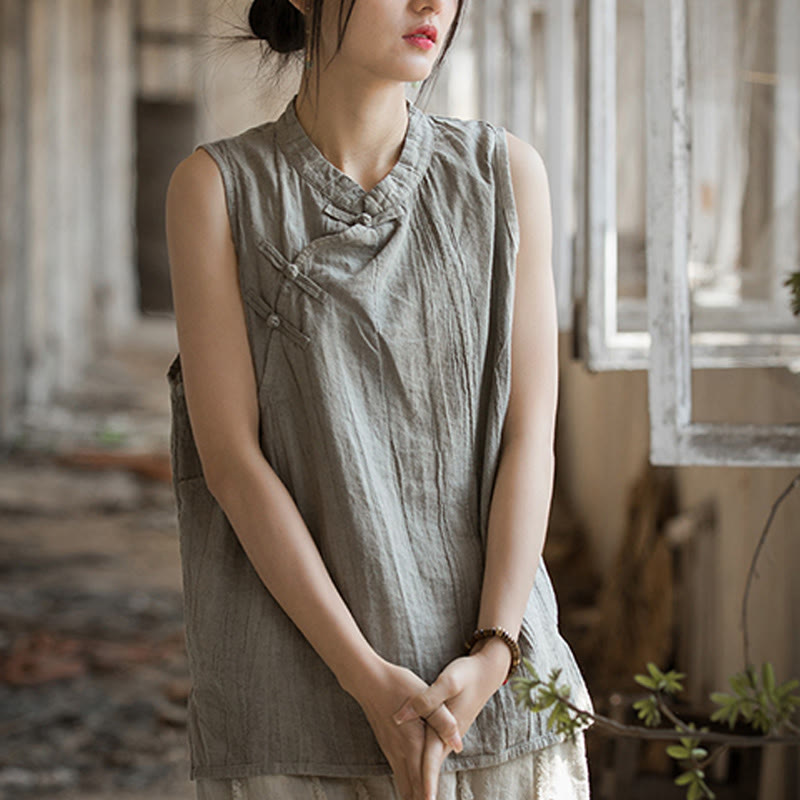 Buddha Stones Summer Tie-dye Frog-Button Ramie Cotton Sleeveless Women's Vest