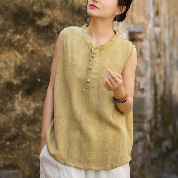 Buddha Stones Summer Tie-dye Buttons Linen Sleeveless Women's Vest