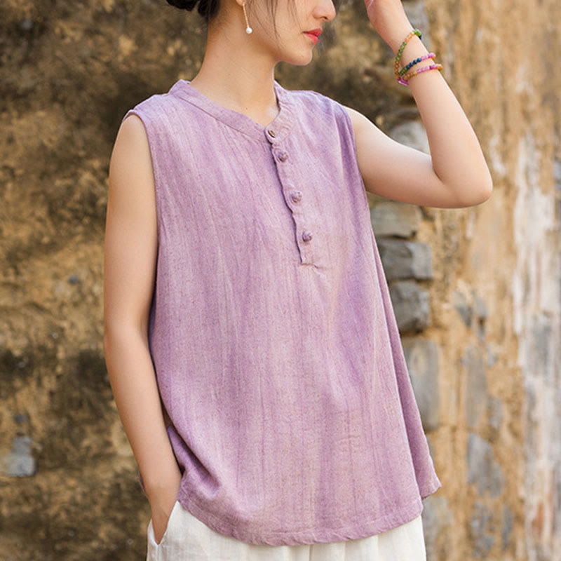 Buddha Stones Summer Tie-dye Buttons Linen Sleeveless Women's Vest