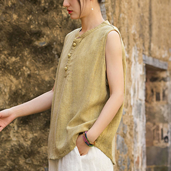 Buddha Stones Summer Tie-dye Buttons Linen Sleeveless Women's Vest