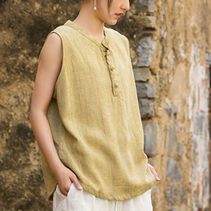 Buddha Stones Summer Tie-dye Buttons Linen Sleeveless Women's Vest