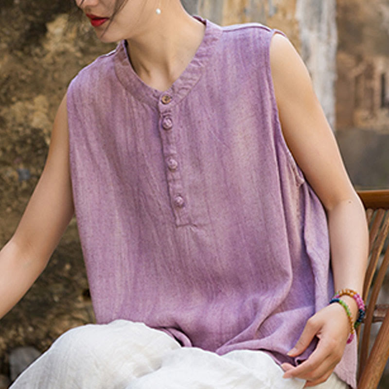 Buddha Stones Summer Tie-dye Buttons Linen Sleeveless Women's Vest