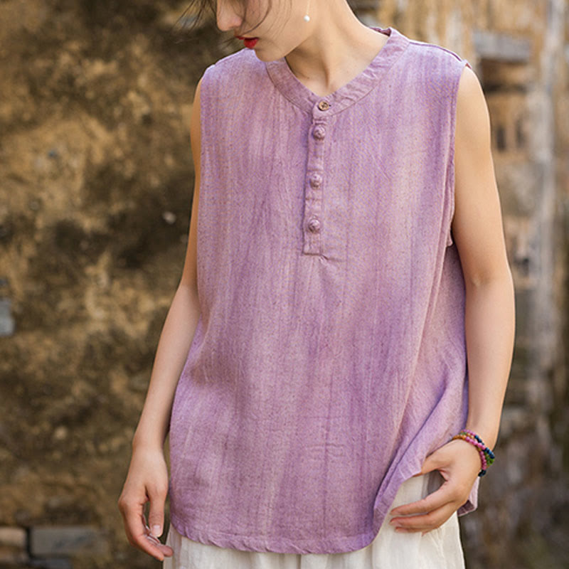 Buddha Stones Summer Tie-dye Buttons Linen Sleeveless Women's Vest