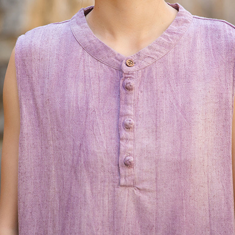 Buddha Stones Summer Tie-dye Buttons Linen Sleeveless Women's Vest