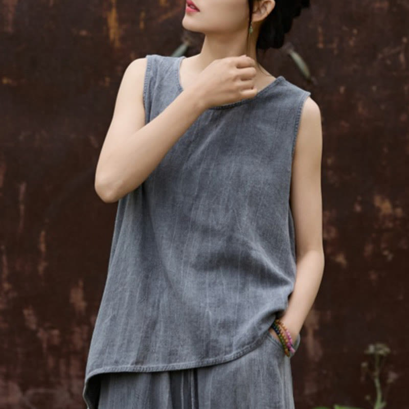 Buddha Stones Summer Tie-dye Linen Crew Neck Sleeveless Women's Vest