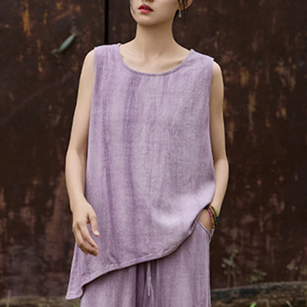 Buddha Stones Summer Tie-dye Linen Crew Neck Sleeveless Women's Vest