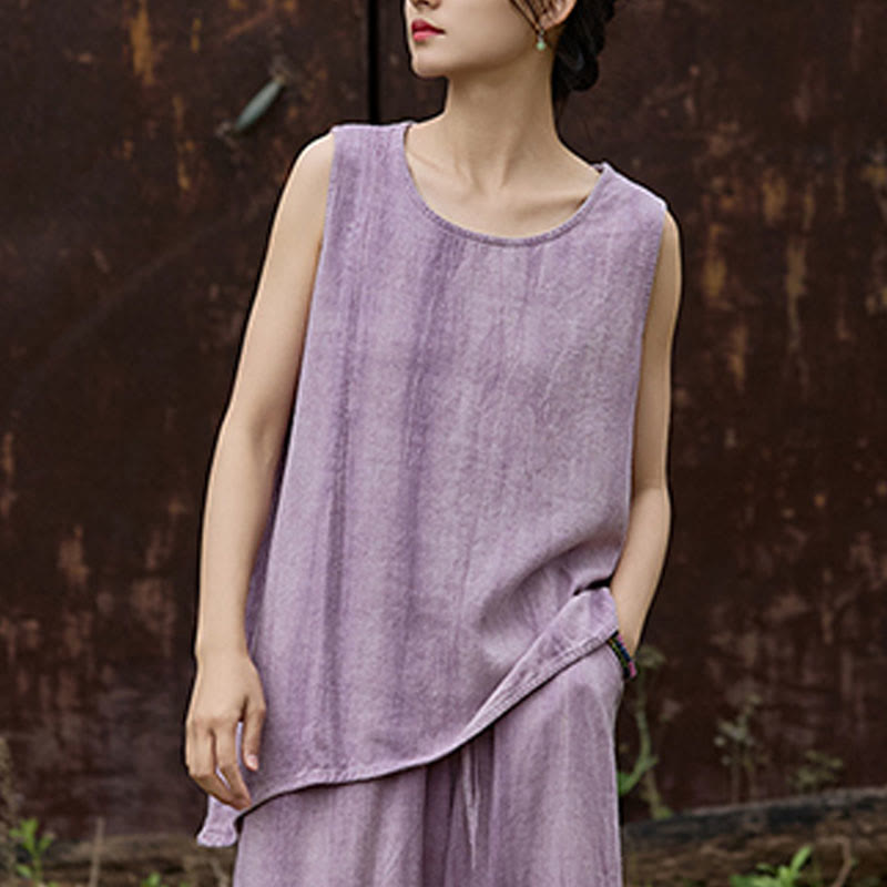 Buddha Stones Summer Tie-dye Linen Crew Neck Sleeveless Women's Vest