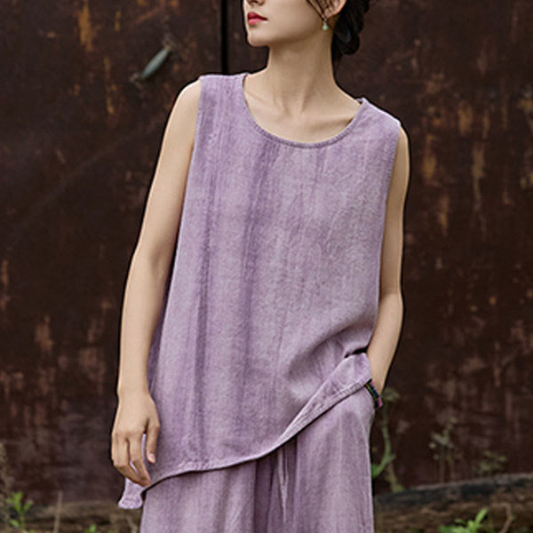 Buddha Stones Summer Tie-dye Linen Crew Neck Sleeveless Women's Vest