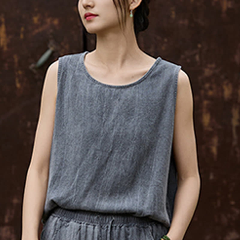 Buddha Stones Summer Tie-dye Linen Crew Neck Sleeveless Women's Vest